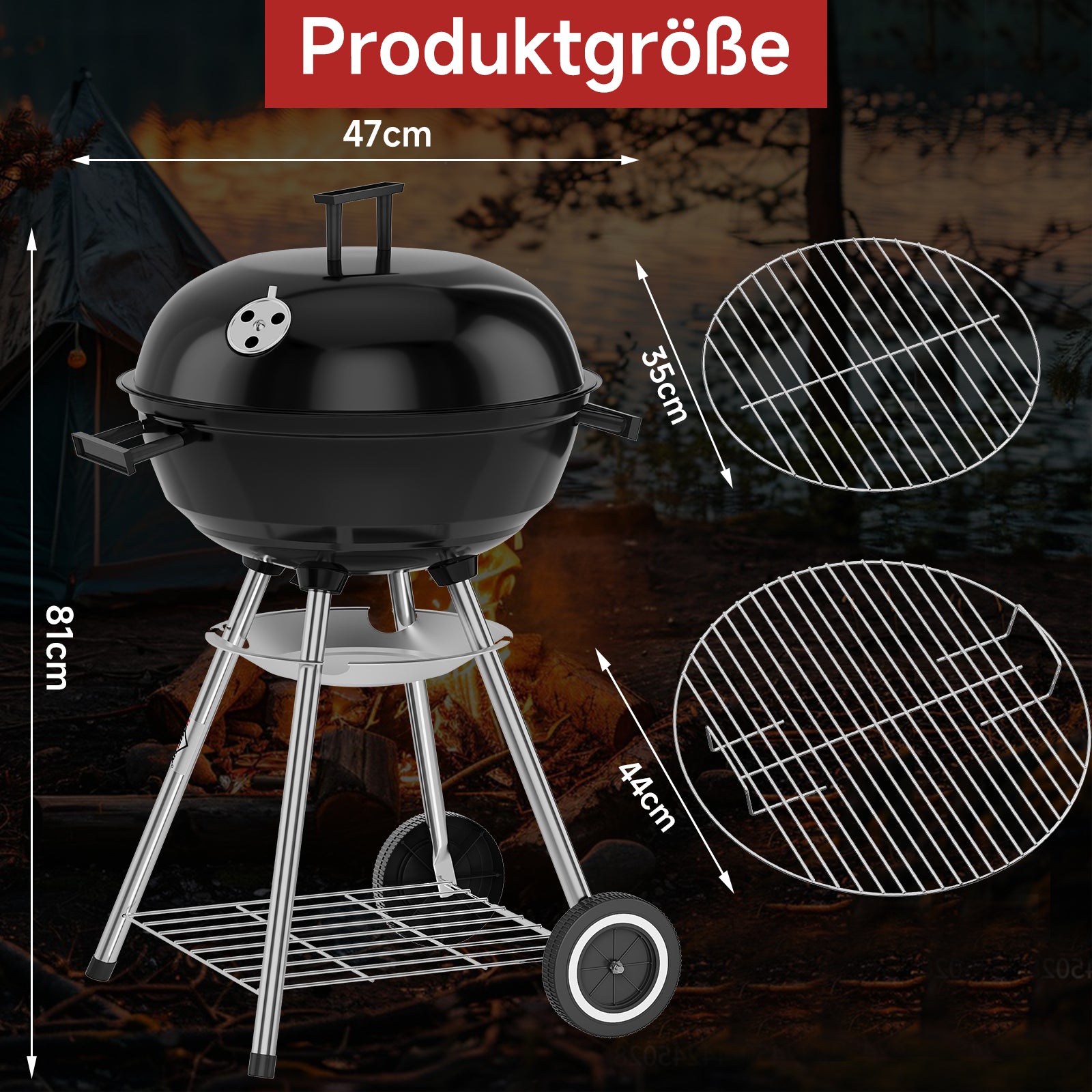 Tragbarer Holzkohle Kugelgrill 47cm, emaillierter BBQ Grill mit Rädern, Doppel-Belüftung, Ascheschale & Ablage für Outdoor Camping