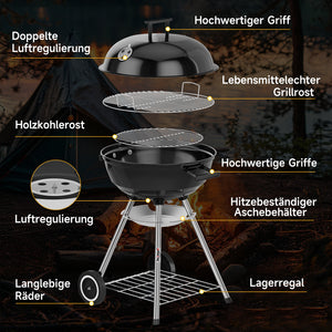 HOMELUX Holzkohlegrill,Ø 44cm Kugelgrill mit Deckel Grillfäche, Barbecue Smoker, BBQ Grill mit Einstellbarer Luftzufuhr & Ascheschale