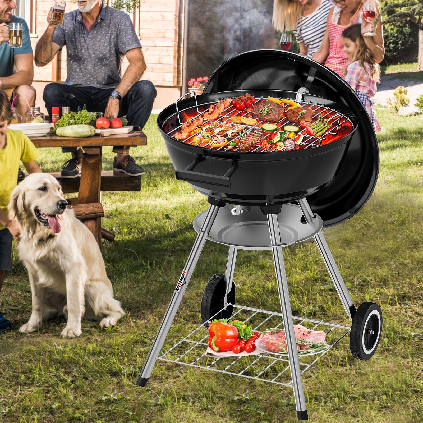 Tragbarer Holzkohle Kugelgrill 47cm, emaillierter BBQ Grill mit Rädern, Doppel-Belüftung, Ascheschale & Ablage für Outdoor Camping