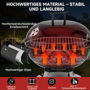 HOMELUX Holzkohlegrill,Ø 44cm Kugelgrill mit Deckel Grillfäche, Barbecue Smoker, BBQ Grill mit Einstellbarer Luftzufuhr & Ascheschale