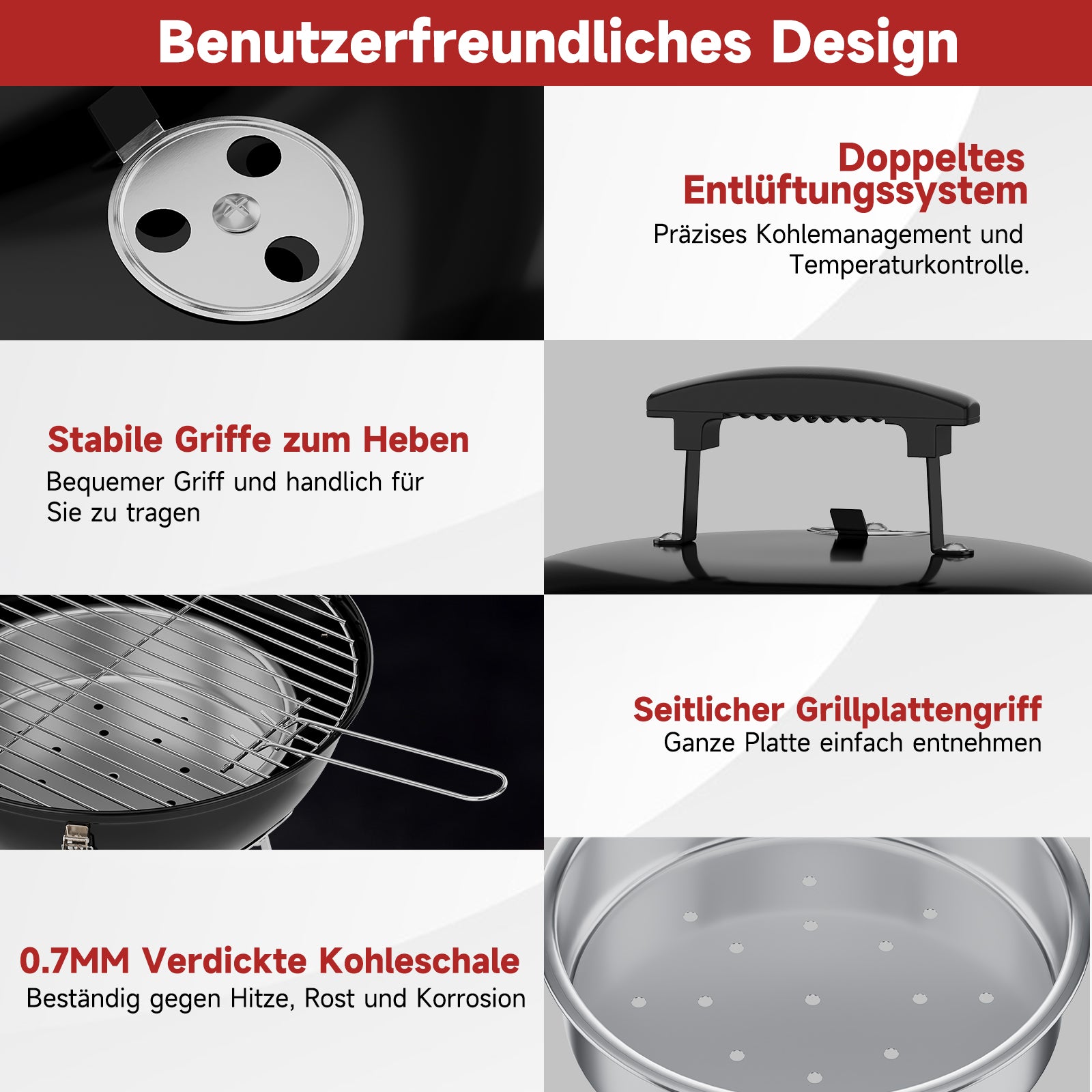 Tragbarer Holzkohle Kugelgrill Ø36cm, emaillierter Campinggrill Tischgrill für Balkon, Picknick & Outdoor