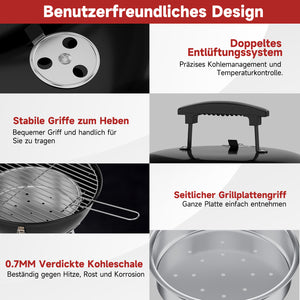 Tragbarer Holzkohle Kugelgrill Ø36cm, emaillierter Campinggrill Tischgrill für Balkon, Picknick & Outdoor