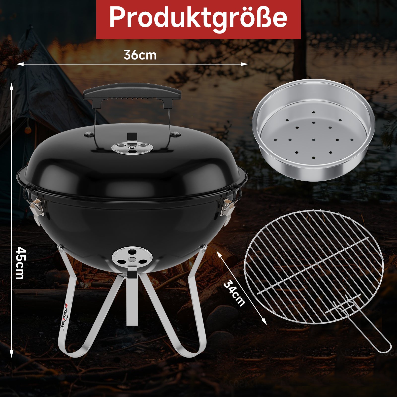 Tragbarer Holzkohle Kugelgrill Ø36cm, emaillierter Campinggrill Tischgrill für Balkon, Picknick & Outdoor