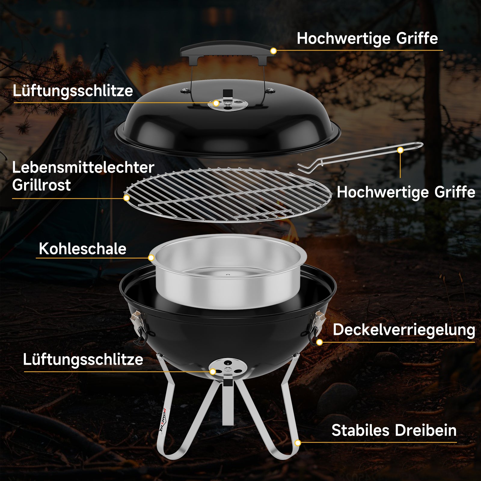 Tragbarer Holzkohle Kugelgrill Ø36cm, emaillierter Campinggrill Tischgrill für Balkon, Picknick & Outdoor