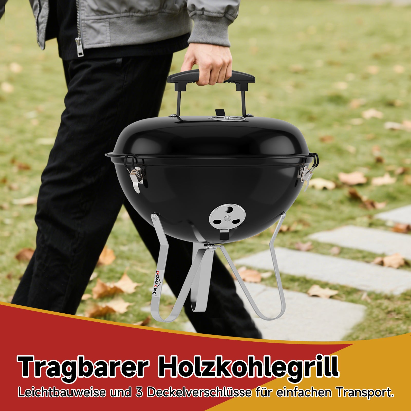 Tragbarer Holzkohle Kugelgrill Ø36cm, emaillierter Campinggrill Tischgrill für Balkon, Picknick & Outdoor