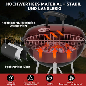 Tragbarer Holzkohle Kugelgrill Ø36cm, emaillierter Campinggrill Tischgrill für Balkon, Picknick & Outdoor