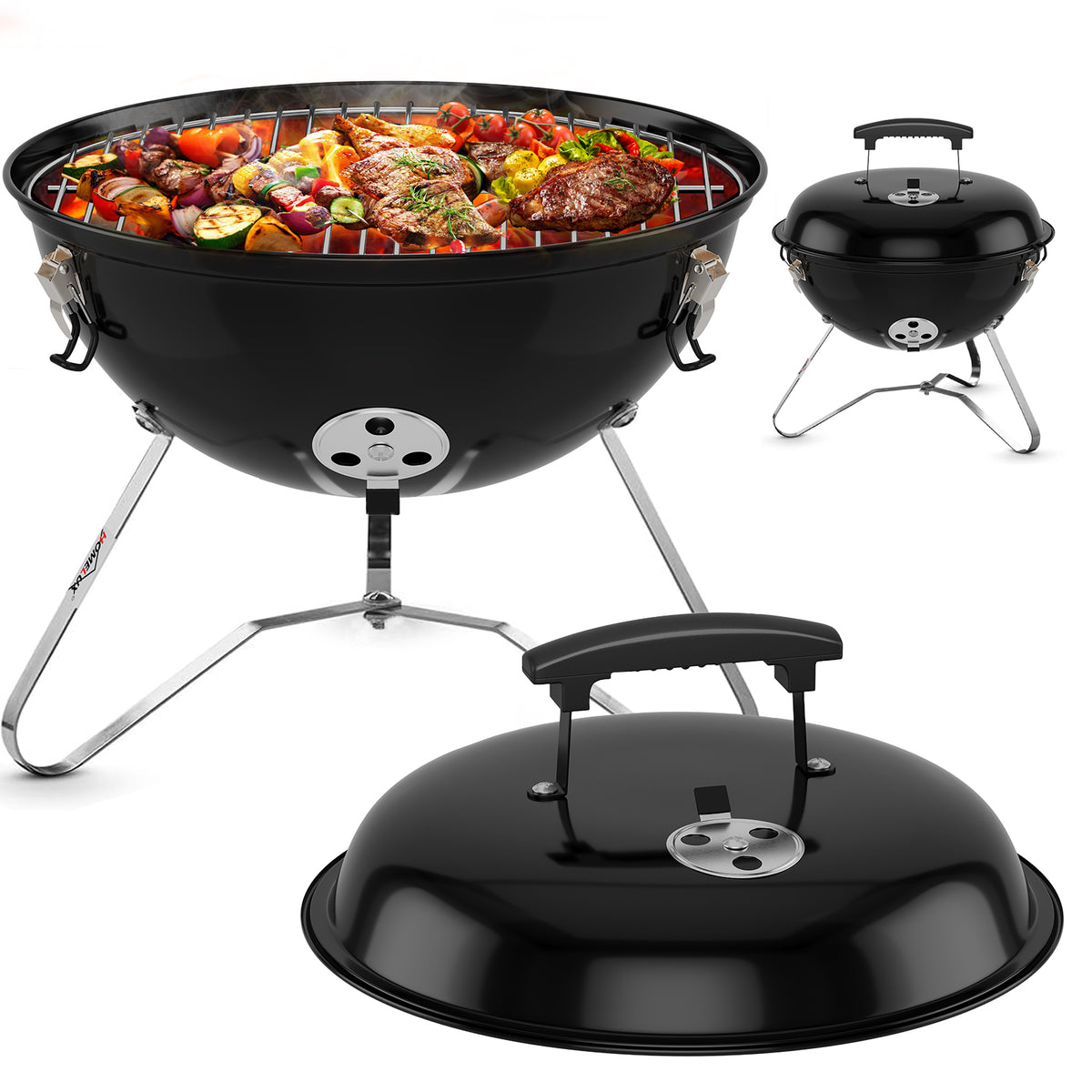 Tragbarer Holzkohle Kugelgrill Ø36cm, emaillierter Campinggrill Tischgrill für Balkon, Picknick & Outdoor
