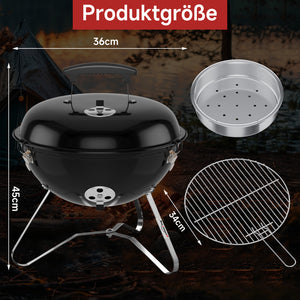 Tragbarer Holzkohle Kugelgrill Ø36cm, emaillierter Campinggrill Tischgrill für Balkon, Picknick & Outdoor