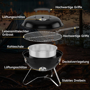 Tragbarer Holzkohle Kugelgrill Ø36cm, emaillierter Campinggrill Tischgrill für Balkon, Picknick & Outdoor