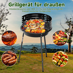 Tragbarer Holzkohlegrill mit Windschutz, höhenverstellbarer Dreibein Campinggrill für Garten, Balkon & Outdoor