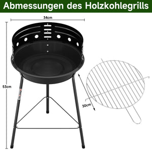 Tragbarer Holzkohlegrill mit Windschutz, höhenverstellbarer Dreibein Campinggrill für Garten, Balkon & Outdoor