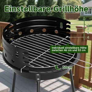 Tragbarer Holzkohlegrill mit Windschutz, höhenverstellbarer Dreibein Campinggrill für Garten, Balkon & Outdoor