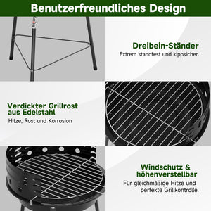 Tragbarer Holzkohlegrill mit Windschutz, höhenverstellbarer Dreibein Campinggrill für Garten, Balkon & Outdoor