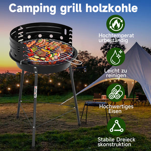 Tragbarer Holzkohlegrill mit Windschutz, höhenverstellbarer Dreibein Campinggrill für Garten, Balkon & Outdoor
