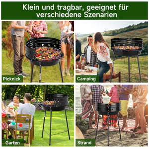Tragbarer Holzkohlegrill mit Windschutz, höhenverstellbarer Dreibein Campinggrill für Garten, Balkon & Outdoor
