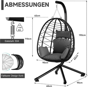 HOMELUX Hanging Chair with Frame Hammock Hanging Chair with Cushion Swing Max. 150 kg, Grey