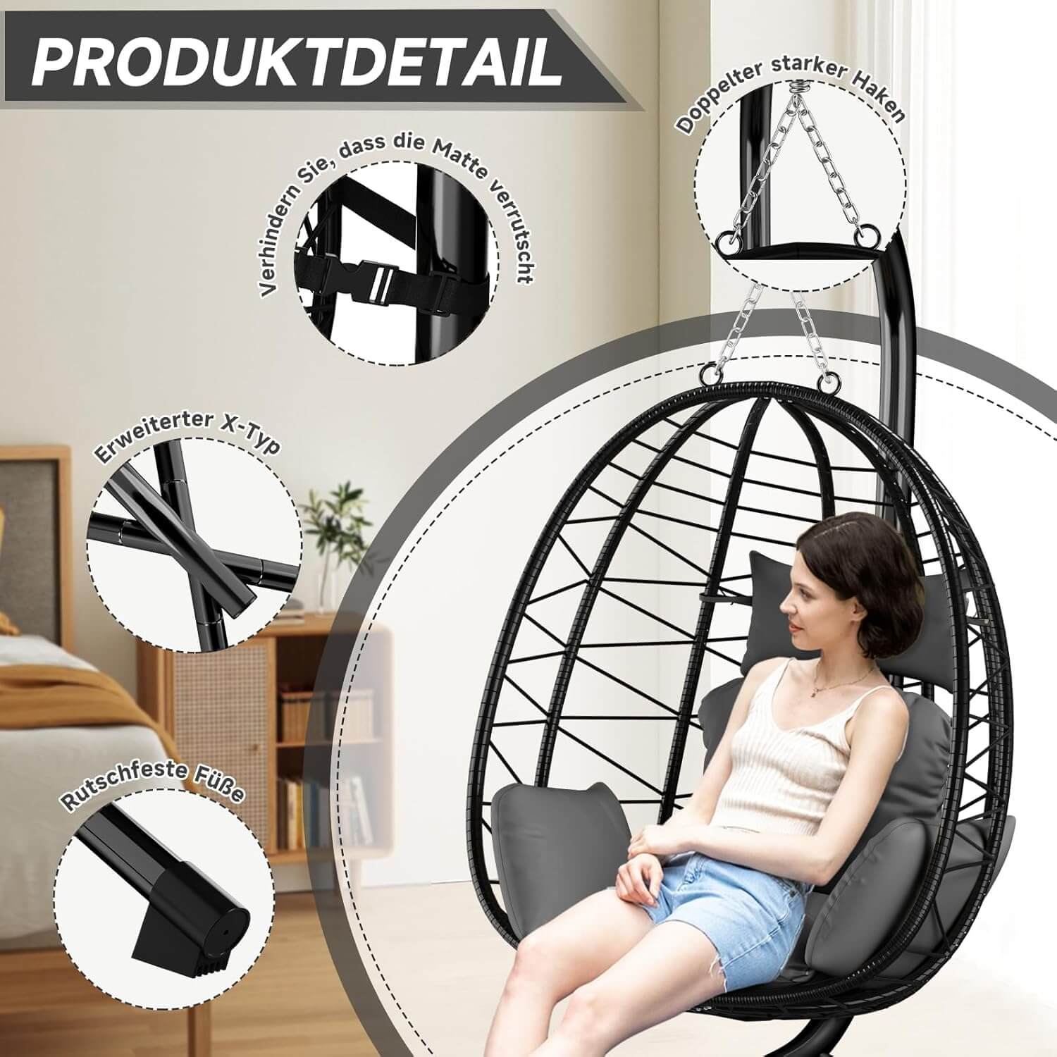 HOMELUX Hängematte mit Gestell, Abdeckung, Hängesessel, Hängeschaukel, Schaukel Outdoor&Indoor, Max. 130 kg (Hängesessel mit Abdeckung)