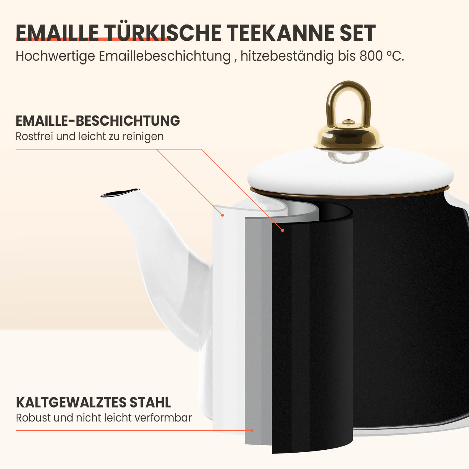 Homelux Türkische Teekanne 2L+1L, Emaille Wasserkessel Set, Induktionsgeeignet, Teekocher für alle Herdarten