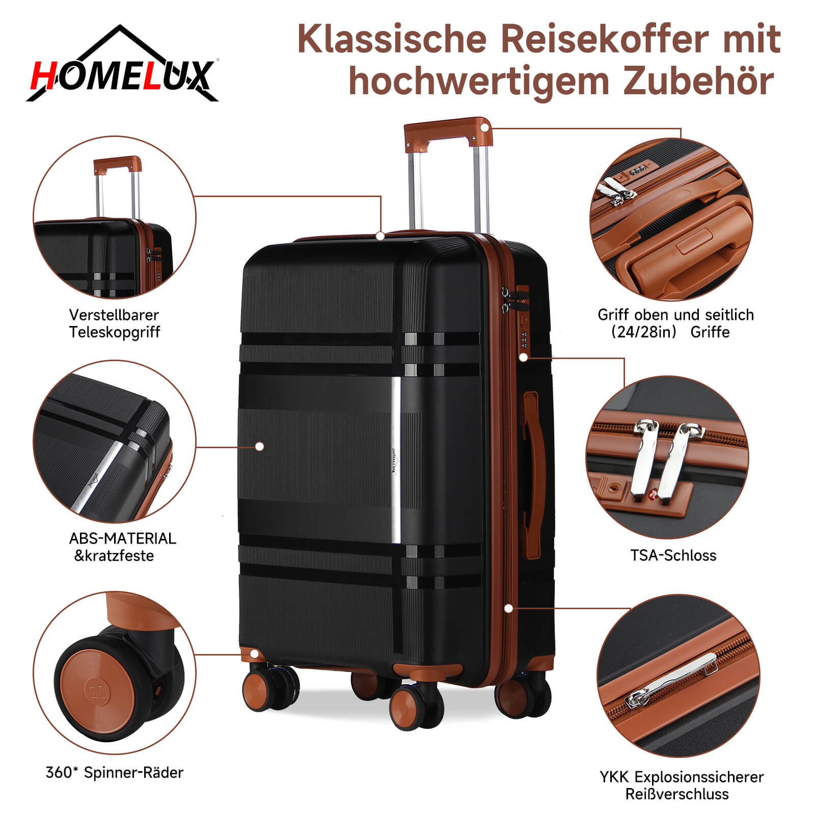 HOMELUX 3-teiliges Kofferset Schwarz Hartschale ABS Leicht Trolley Rollkoffer Hartschalenkoffer Set – M-L-XL