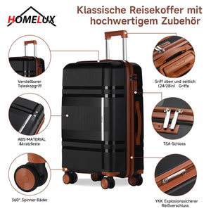 HOMELUX 3-teiliges Kofferset Schwarz Hartschale ABS Leicht Trolley Rollkoffer Hartschalenkoffer Set – M-L-XL