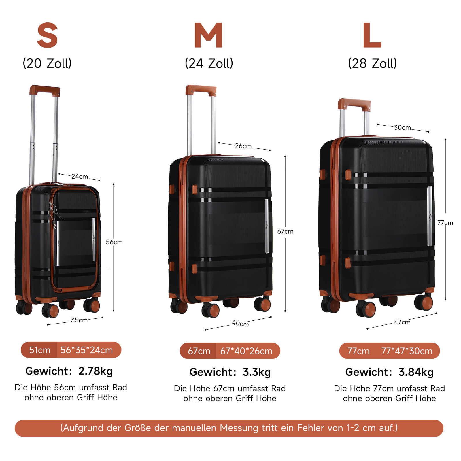 HOMELUX 3-teiliges Kofferset Schwarz Hartschale ABS Leicht Trolley Rollkoffer Hartschalenkoffer Set – M-L-XL