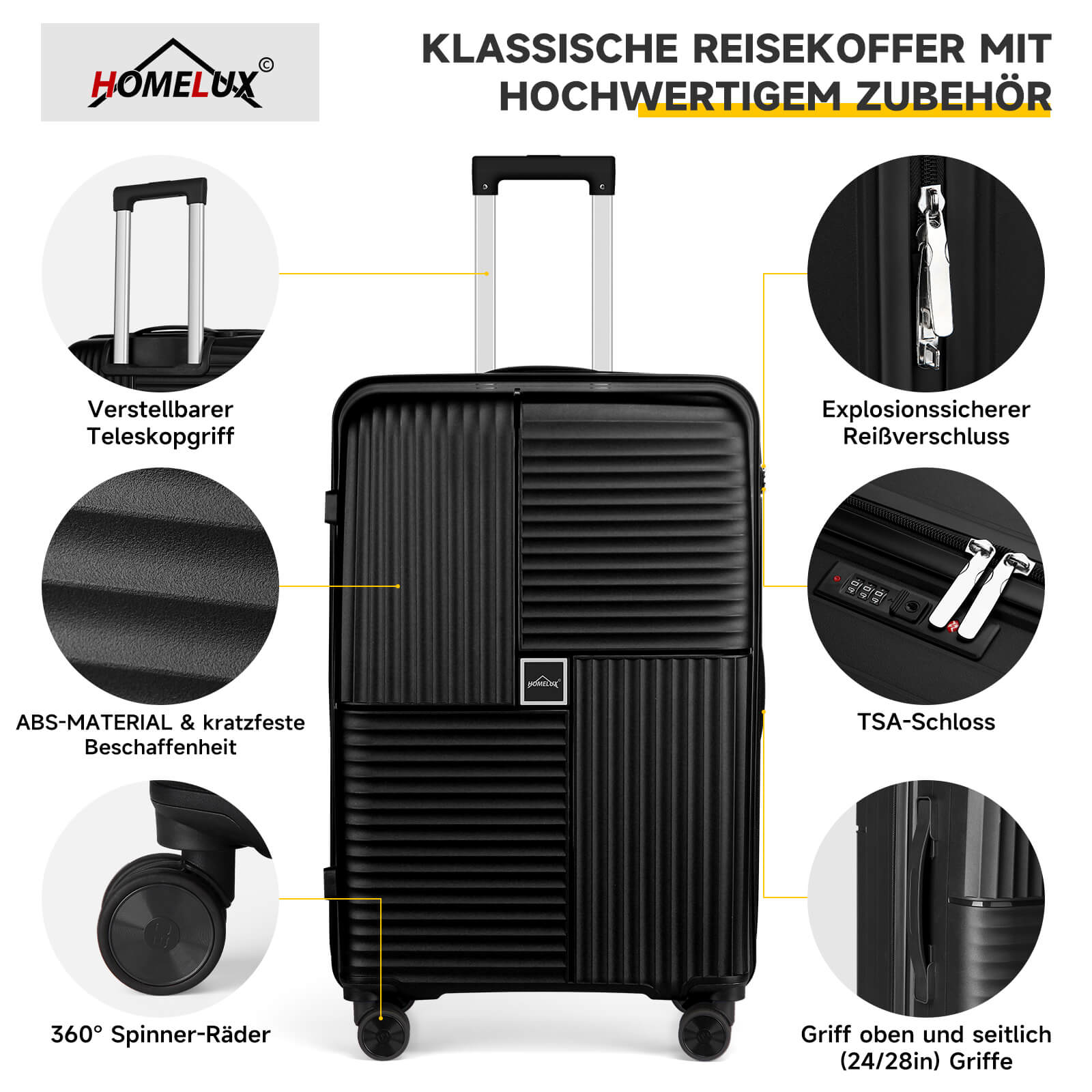 HOMELUX Hartschalenkoffer Set 3-teilig ABS Leicht Trolley Kofferset Rollkoffer Reisekoffer Hartschale M-L-XL