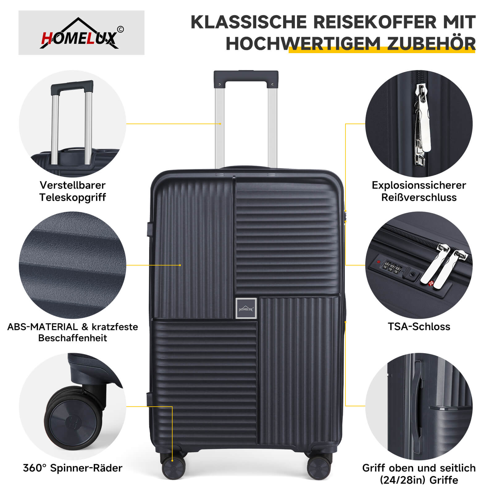 HOMELUX Hartschalenkoffer Set 3-teilig ABS Leicht Trolley Kofferset Rollkoffer Reisekoffer Hartschale M-L-XL