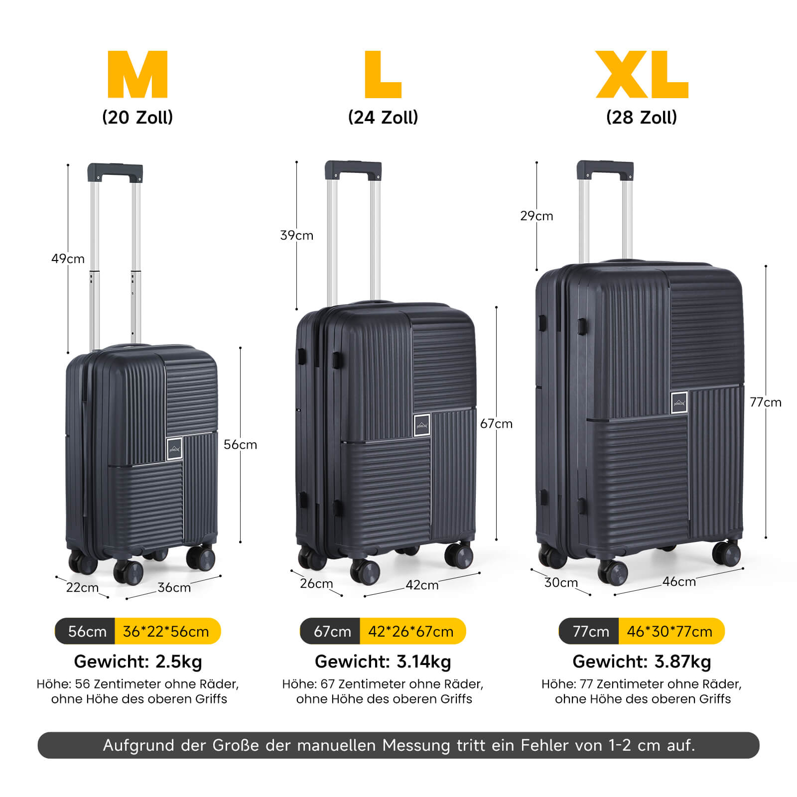 HOMELUX Hartschalenkoffer Set 3-teilig ABS Leicht Trolley Kofferset Rollkoffer Reisekoffer Hartschale M-L-XL