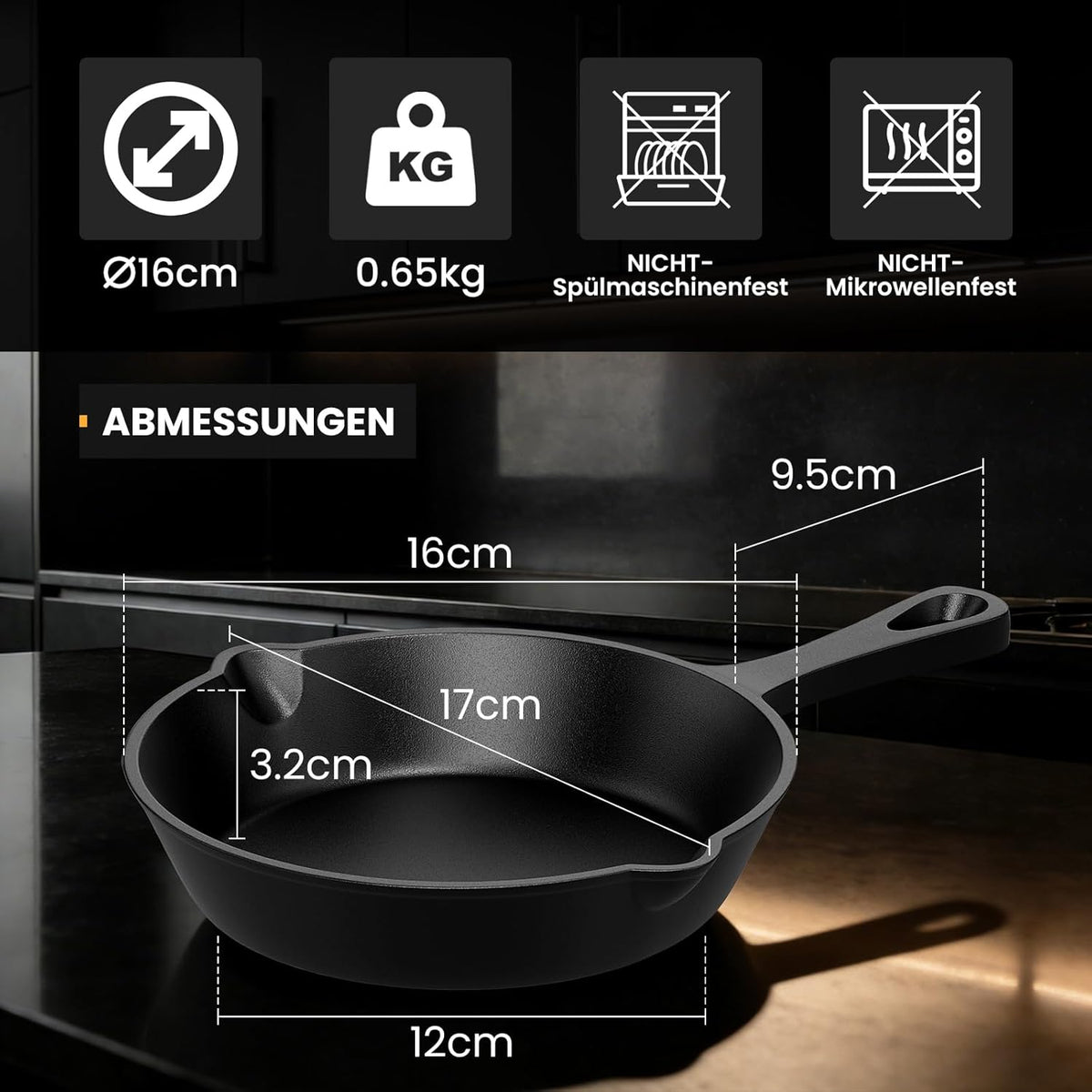 HOMELUX Gusseiserne Bratpfanne, eingebrannt & induktionsgeeignet, gusseiserne Pfanne für alle Herdarten, Backofen & Grill
