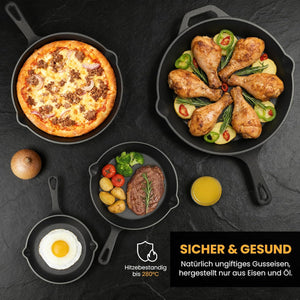 HOMELUX Gusseiserne Bratpfanne, eingebrannt & induktionsgeeignet, gusseiserne Pfanne für alle Herdarten, Backofen & Grill