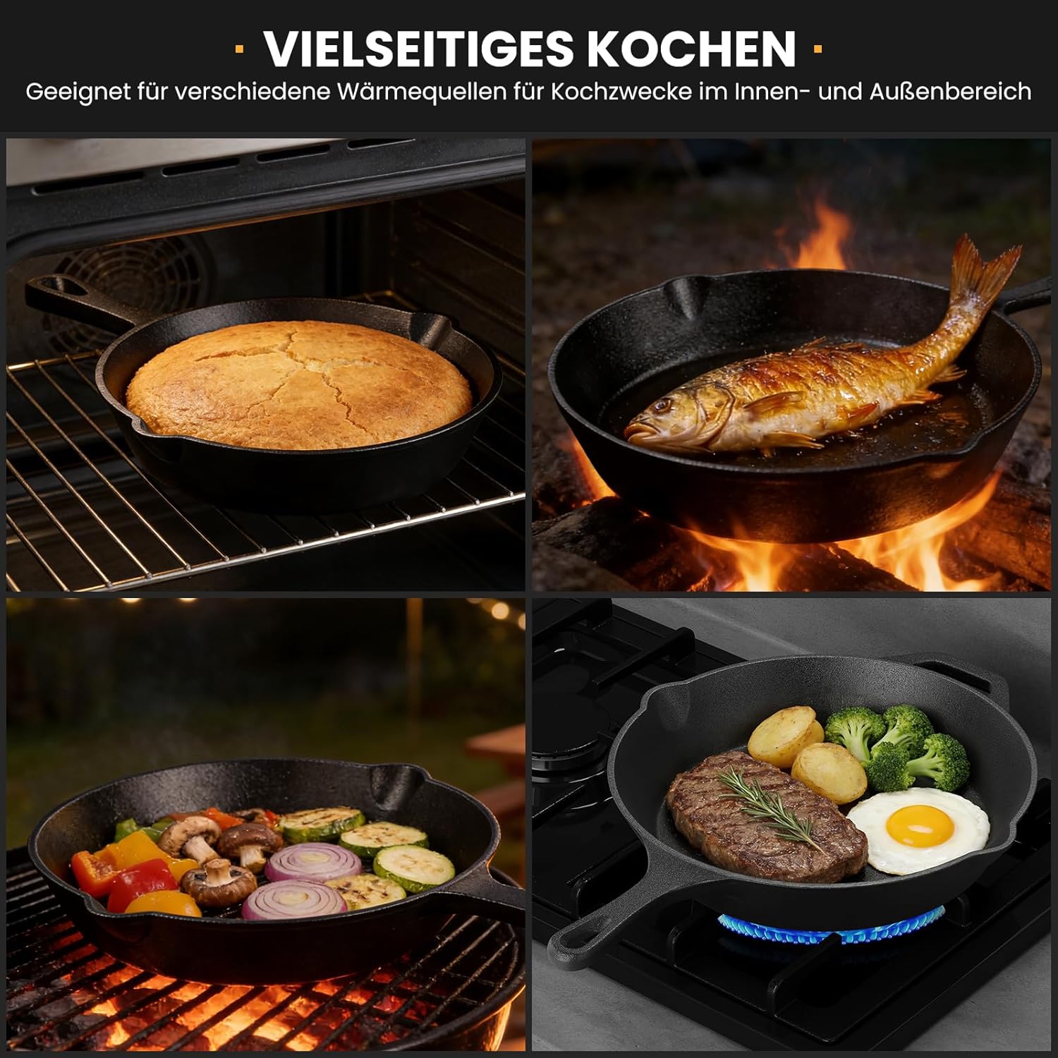 HOMELUX Gusseiserne Bratpfanne, eingebrannt & induktionsgeeignet, gusseiserne Pfanne für alle Herdarten, Backofen & Grill