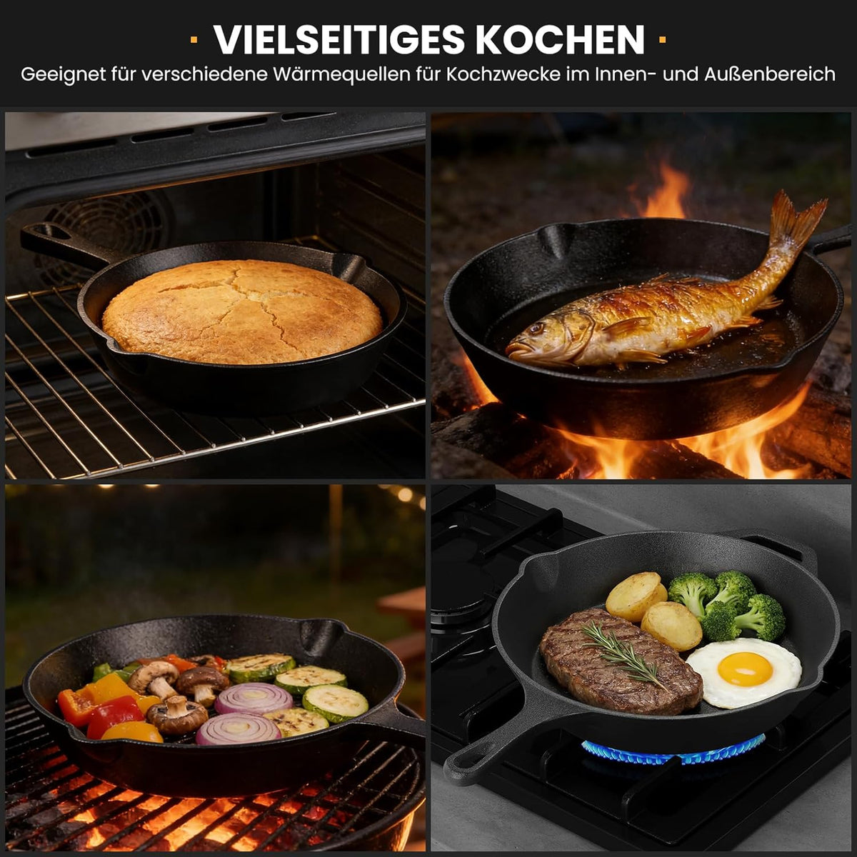 HOMELUX Gusseiserne Bratpfanne, eingebrannt & induktionsgeeignet, gusseiserne Pfanne für alle Herdarten, Backofen & Grill
