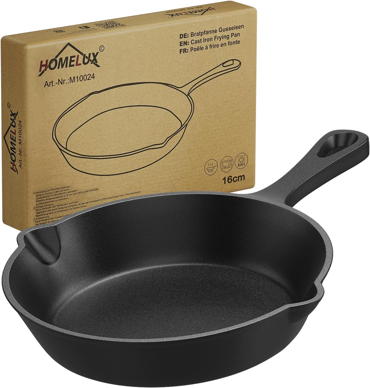HOMELUX Gusseiserne Bratpfanne, eingebrannt & induktionsgeeignet, gusseiserne Pfanne für alle Herdarten, Backofen & Grill