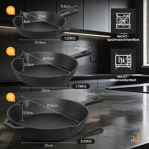 HOMELUX Gusseiserne Bratpfanne, eingebrannt & induktionsgeeignet, gusseiserne Pfanne für alle Herdarten, Backofen & Grill