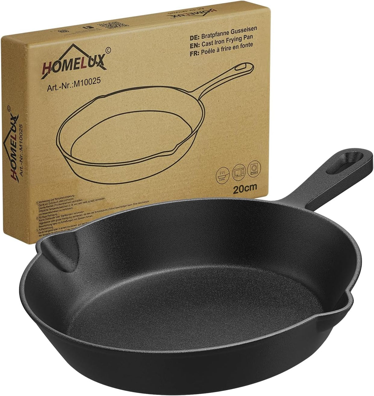 HOMELUX Gusseiserne Bratpfanne, eingebrannt & induktionsgeeignet, gusseiserne Pfanne für alle Herdarten, Backofen & Grill
