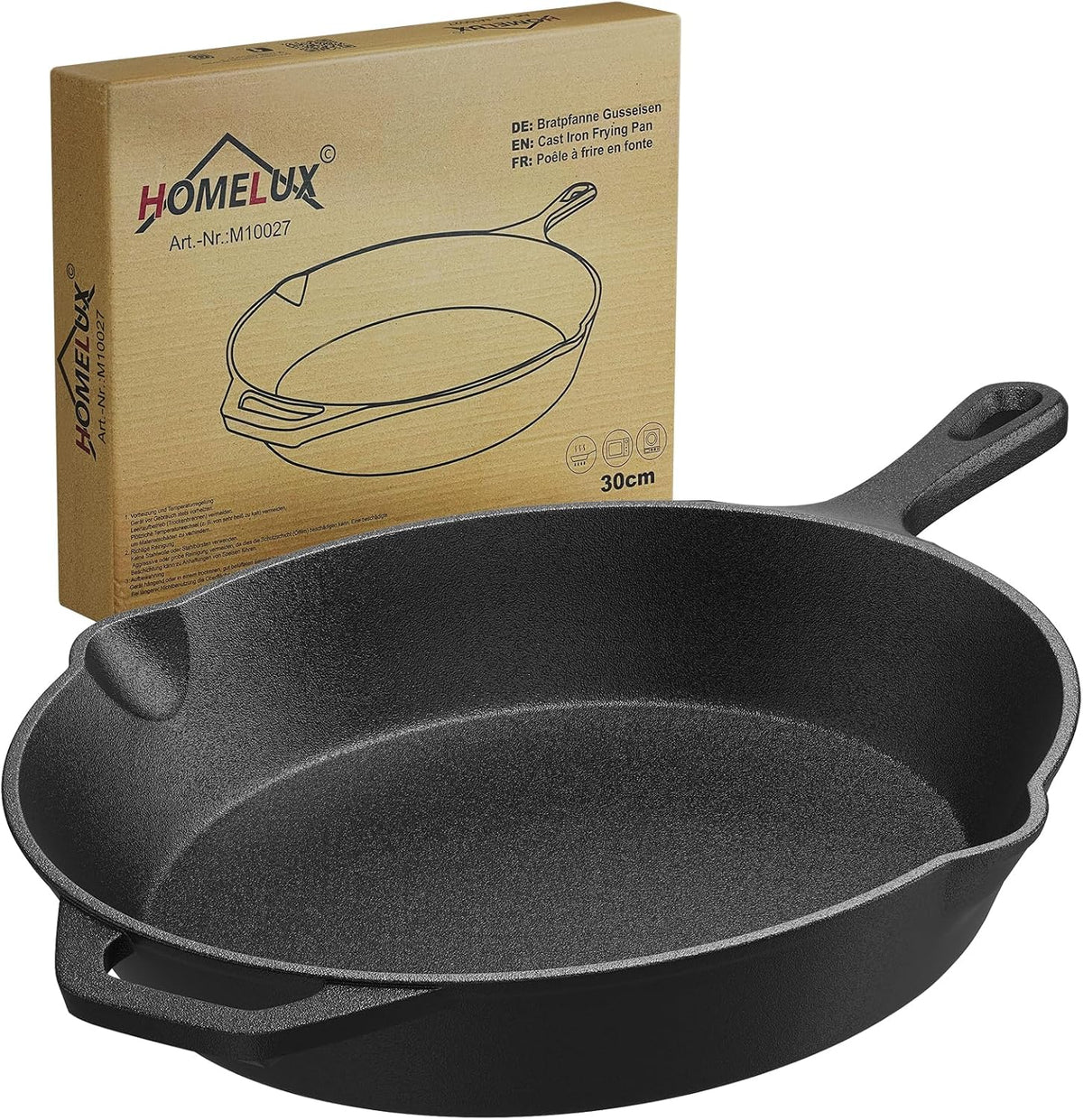 HOMELUX Gusseiserne Bratpfanne, eingebrannt & induktionsgeeignet, gusseiserne Pfanne für alle Herdarten, Backofen & Grill