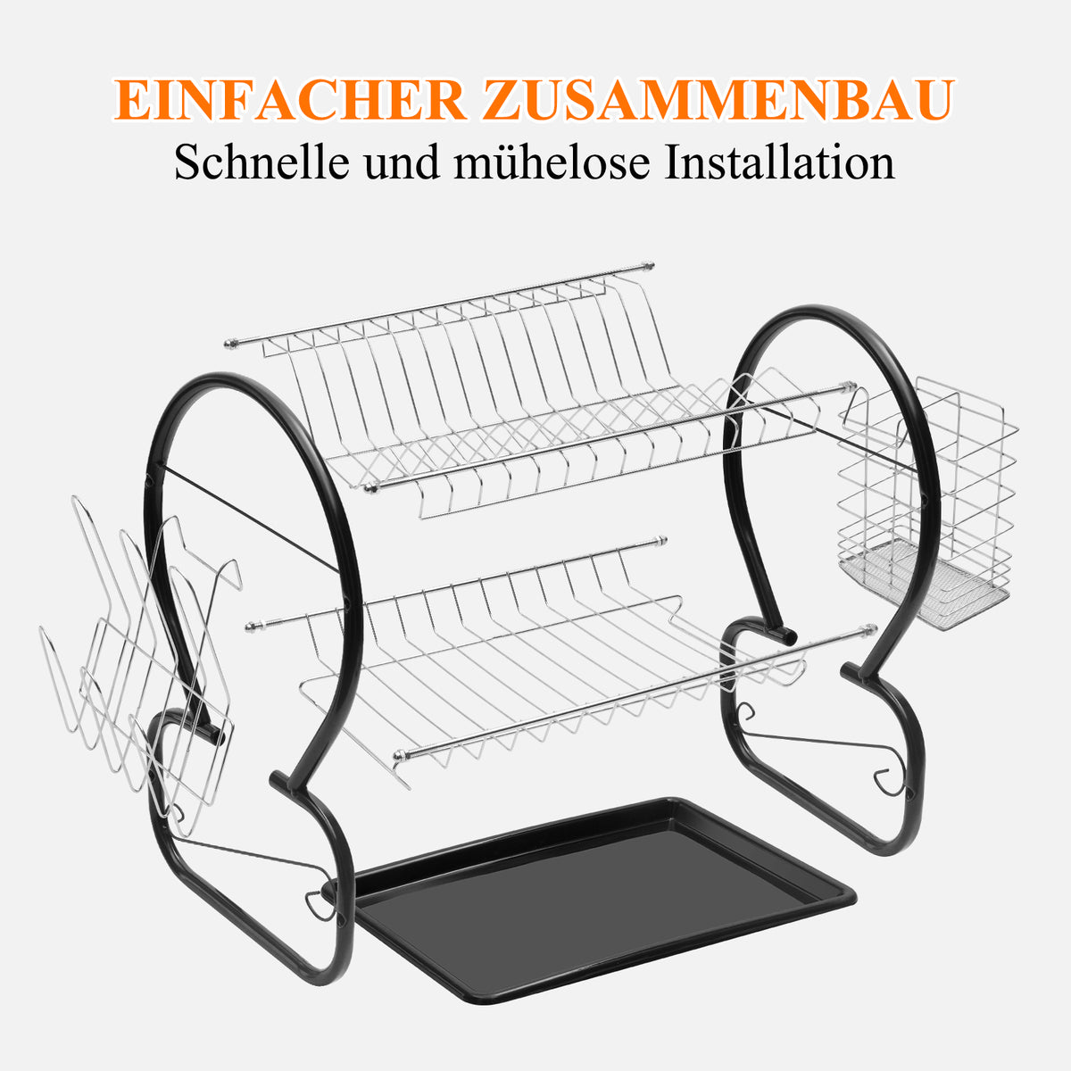 HOMELUX 2-stufiges Abtropfgestell mit Abtropfschale, Besteck- & Tassenhalter, Geschirrabtropfer aus rostfreiem Stahl, Schwarz