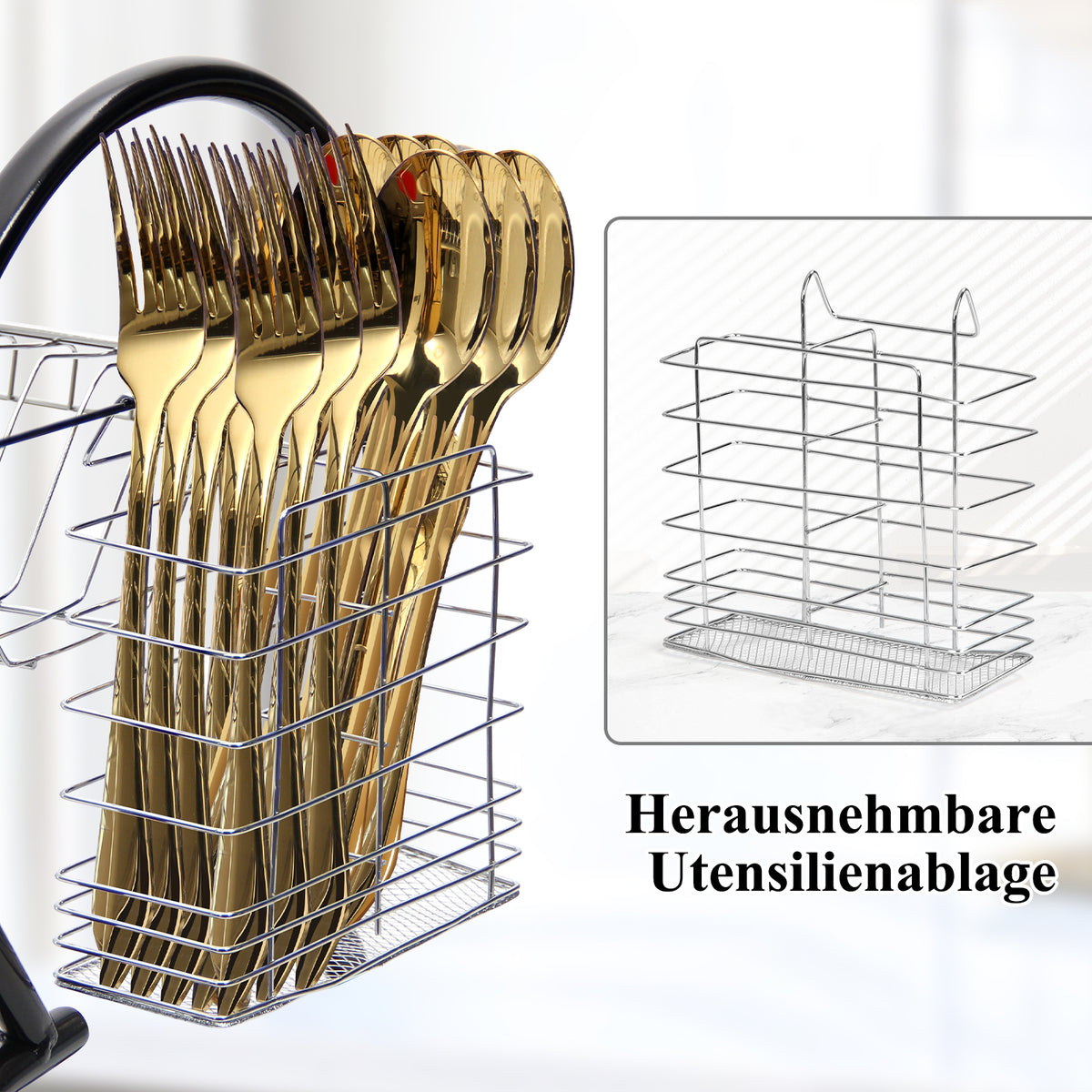 HOMELUX 2-stufiges Abtropfgestell mit Abtropfschale, Besteck- & Tassenhalter, Geschirrabtropfer aus rostfreiem Stahl, Schwarz