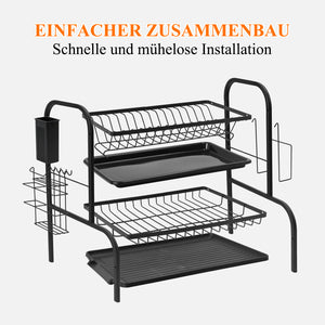 Geschirrabtropfer 2-stufig, Abtropfgestell aus rostfreiem Stahl mit Abtropfschale, Besteck- und Schneidebretthalter, Schwarz