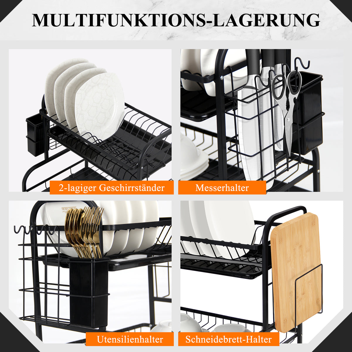 Geschirrabtropfer 2-stufig, Abtropfgestell aus rostfreiem Stahl mit Abtropfschale, Besteck- und Schneidebretthalter, Schwarz