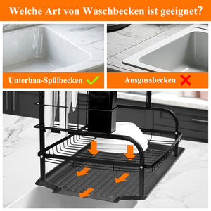 Geschirrabtropfer 2-stufig, Abtropfgestell aus rostfreiem Stahl mit Abtropfschale, Besteck- und Schneidebretthalter, Schwarz