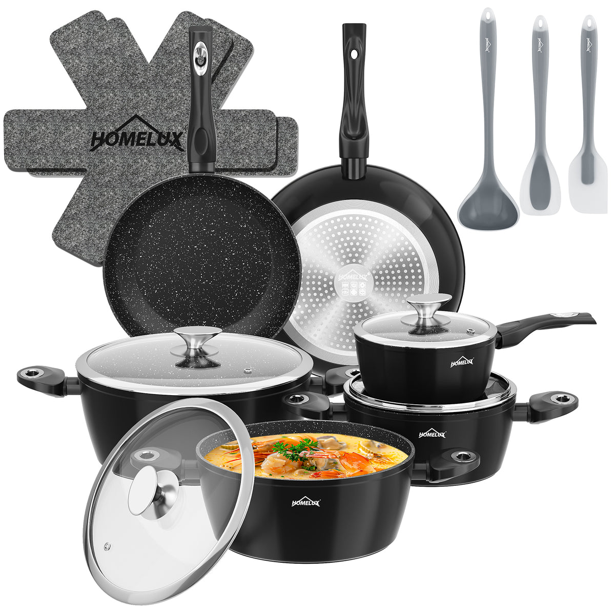 HOMELUX 15-teiliges Topfset Induktion, Antihaft Kochgeschirr-Set aus Aluminium, inkl. Pfannen & Glasdeckel, für alle Herdarten