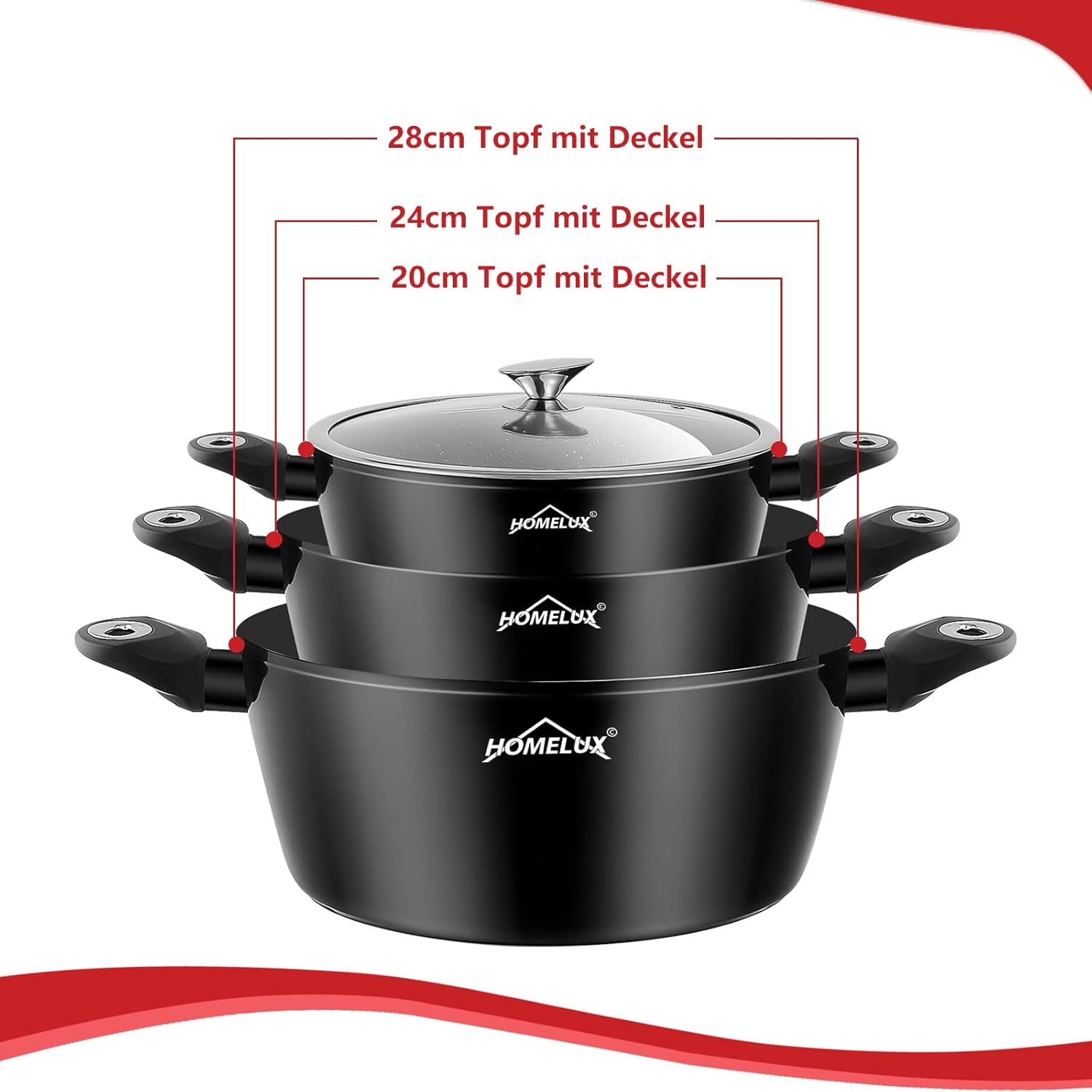 HOMELUX 15-teiliges Topfset Induktion, Antihaft Kochgeschirr-Set aus Aluminium, inkl. Pfannen & Glasdeckel, für alle Herdarten