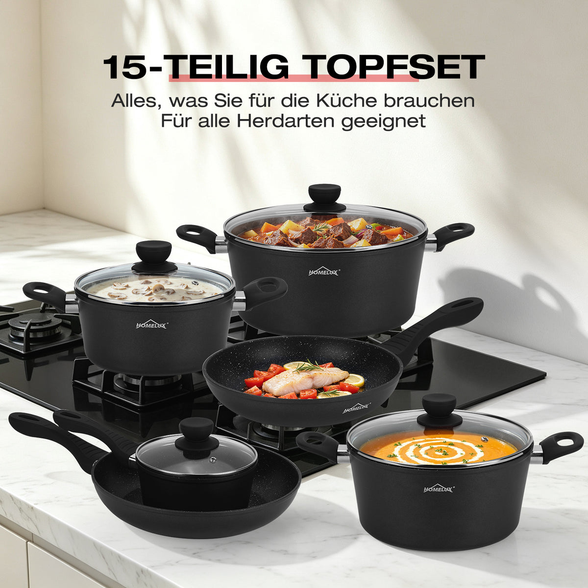 15-teiliges Topfset Induktionsgeeignet Antihaftbeschichtung Aluminium – homelux-shop