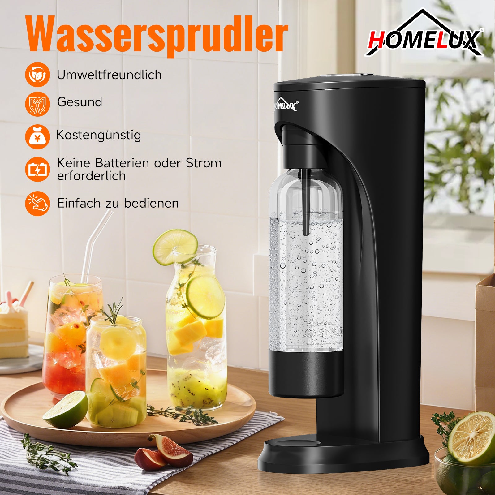 HOMELUX Wassersprudler Set inkl. BPA-freier PET-Flasche, kabelloser Trinkwassersprudler für 60L CO2-Zylinder, Schwarz