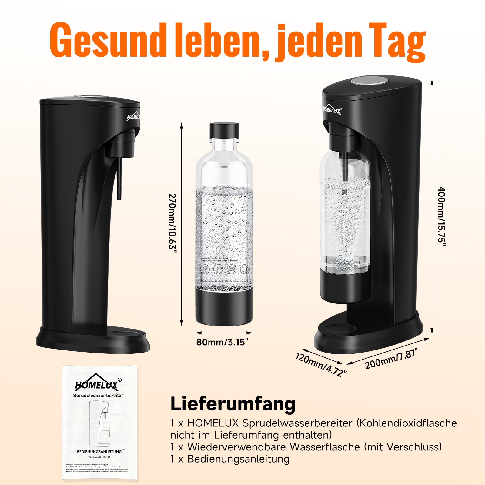 HOMELUX Wassersprudler Set inkl. BPA-freier PET-Flasche, kabelloser Trinkwassersprudler für 60L CO2-Zylinder, Schwarz
