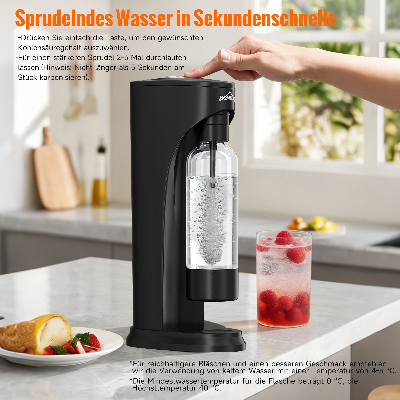 HOMELUX Wassersprudler Set inkl. BPA-freier PET-Flasche, kabelloser Trinkwassersprudler für 60L CO2-Zylinder, Schwarz