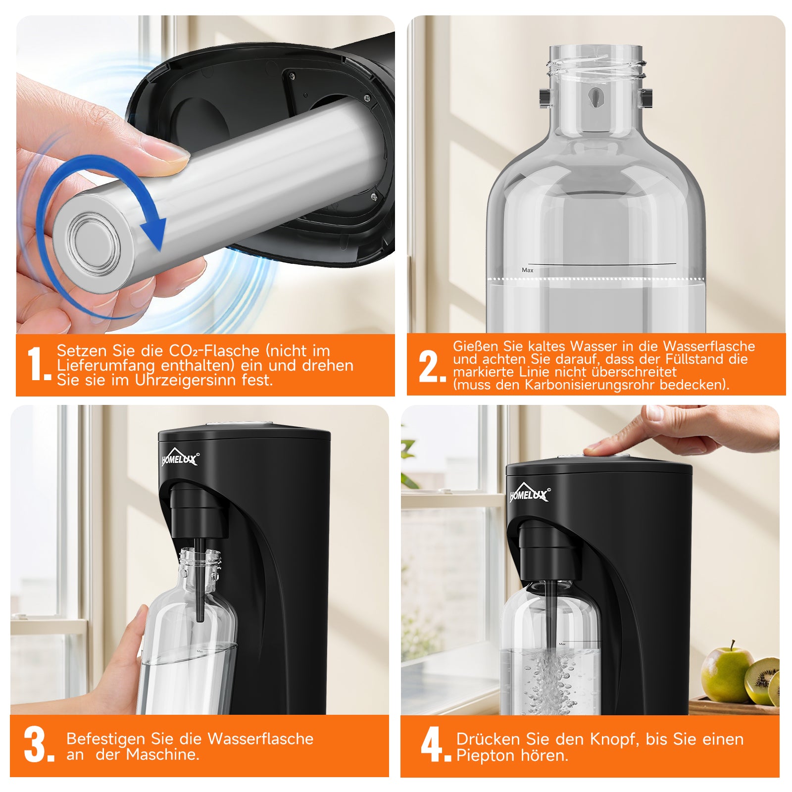 HOMELUX Wassersprudler Set inkl. BPA-freier PET-Flasche, kabelloser Trinkwassersprudler für 60L CO2-Zylinder, Schwarz
