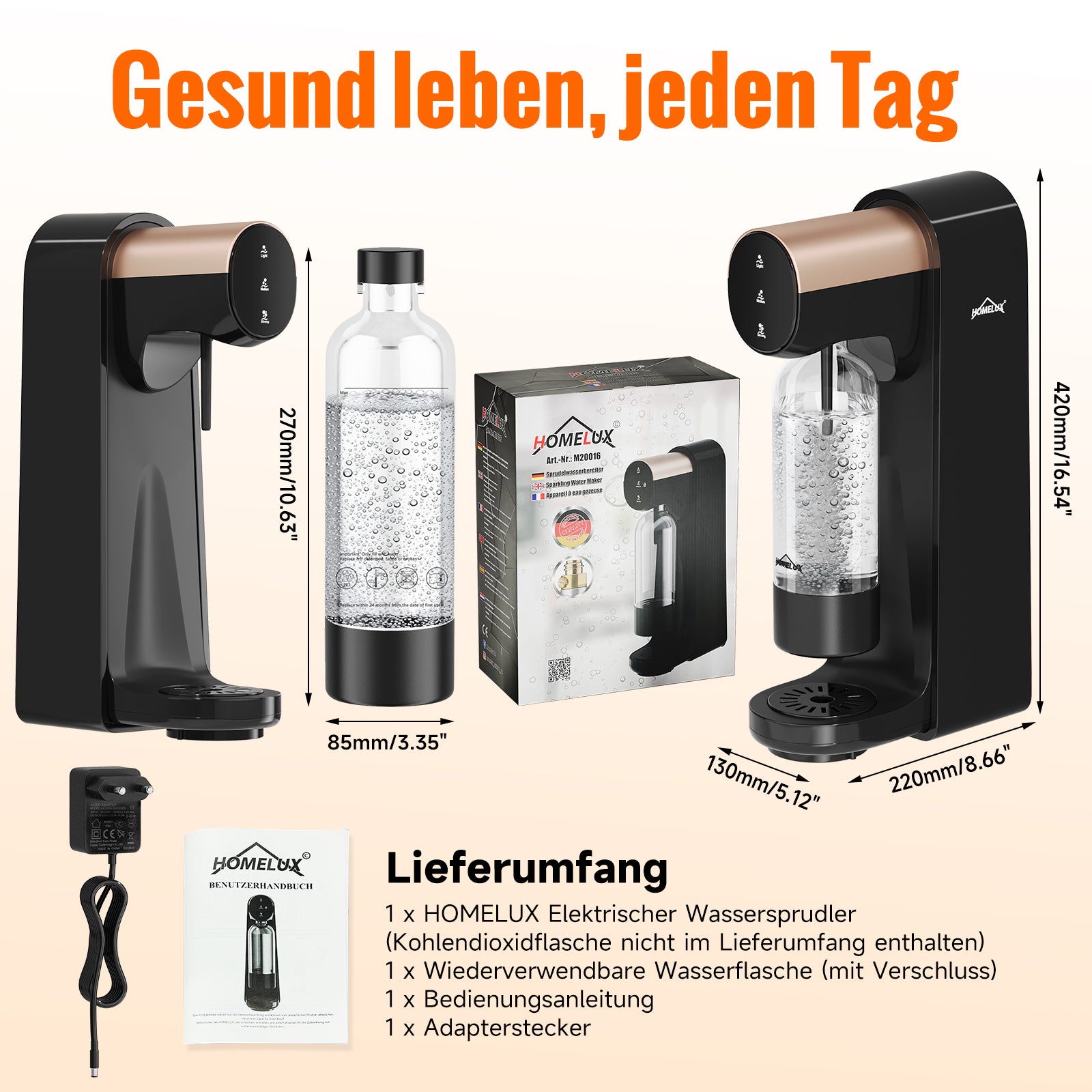 HOMELUX Elektrischer Wassersprudler, Touch-Bedienung, 3 Sprudelstärken, inkl. BPA-freier PET-Flasche, Schwarz