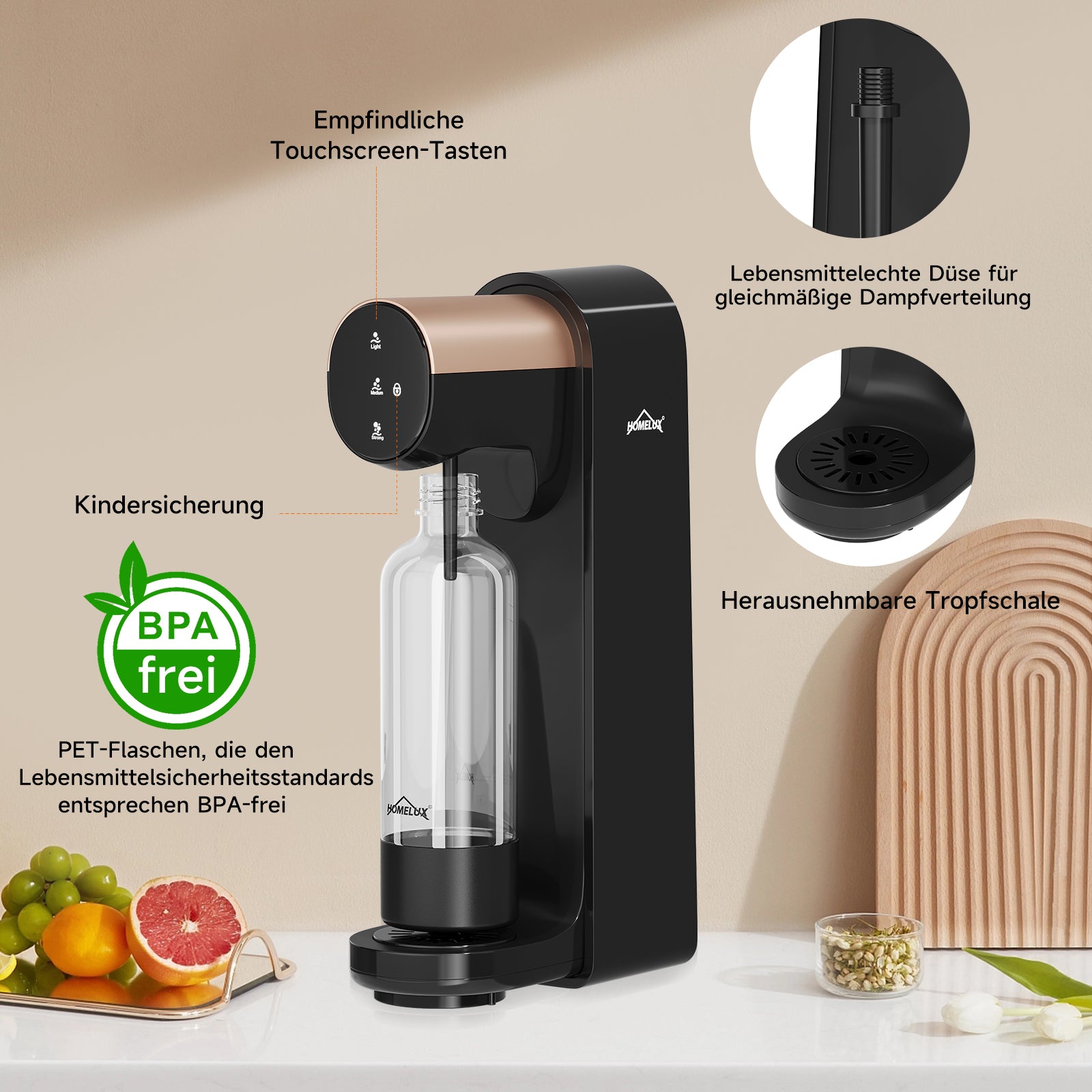 HOMELUX Elektrischer Wassersprudler, Touch-Bedienung, 3 Sprudelstärken, inkl. BPA-freier PET-Flasche, Schwarz